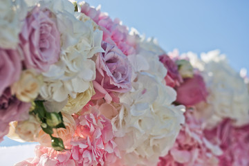 White and pink hydrangeas put on the wedding altar