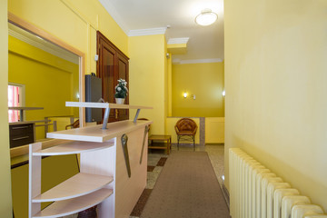 Lobby and reception desk in a hotel