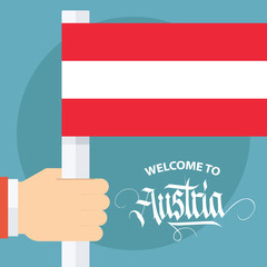 Welcome to Austria card with male hand holding Austrian flag. Vector illustration.