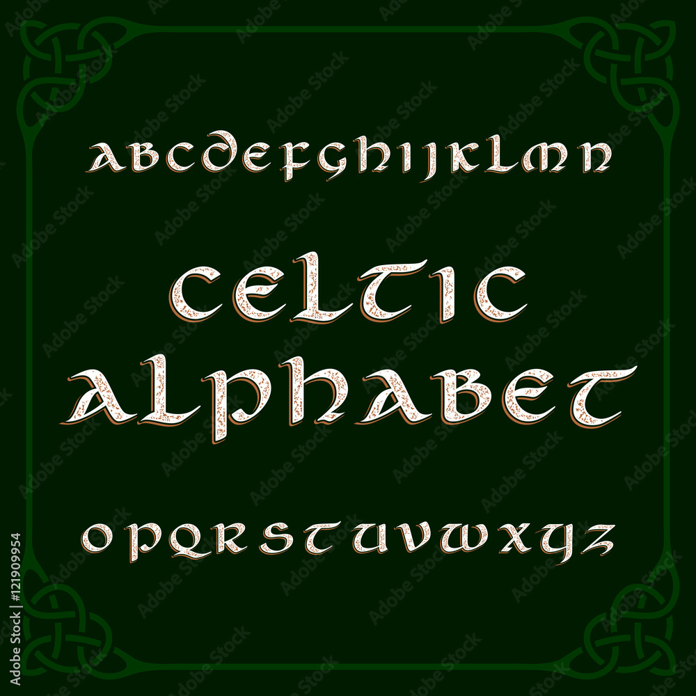Fototapete celtic alphabet font. distressed letters and knot frame. vector typography for your design.