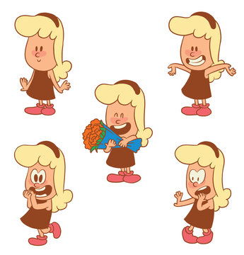 Vector cartoon set of cute little girls: smiling, rejoicing, with arms outstretched, with bouquet of flowers, with a frightened expression on face on white background. Color image with brown tracings.