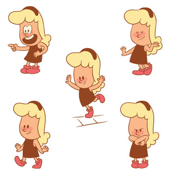 Vector cartoon set of cute little girls: jumping on one leg, walking and smiling, standing angry, coquetting and showing on something with finger on a white background. Color image with brown tracings