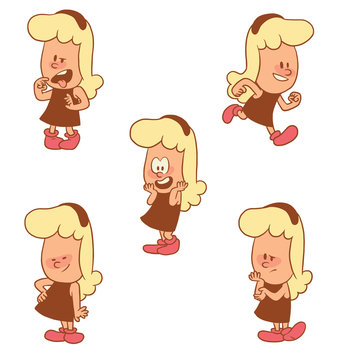 Vector cartoon set of cute little girls: holding one hand on her waist, with a worried expression on face, rejoicing, showing disgust and running on a white background. Color image with brown tracings