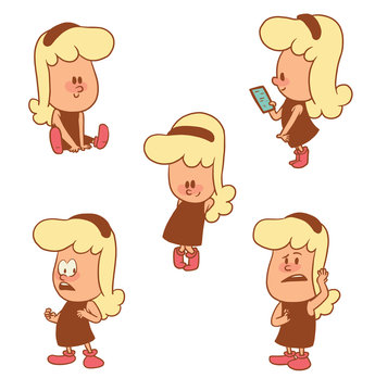 Vector cartoon set of cute little girls: standing and looking back, with a smartphone, standing modestly, sitting and sorry about something on a white background. Color image with brown tracings.