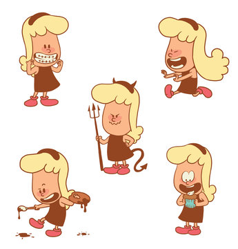 Vector cartoon set of cute little girls: with a cupcake, with braces on teeth, with a trident, with a palette and a brush and running happily on a white background. Color image with brown tracings.