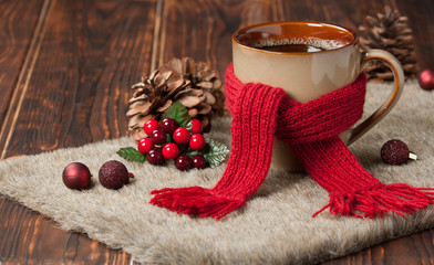 Mug Of Hot Coffee Or Tea. Natural Wool Scarf. Christmas Decorati