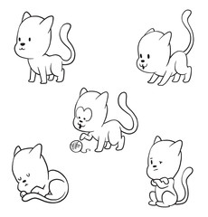 Vector cartoon set of cute little cats: standing, looking at something, with a ball of yarn, sleeping curled up and sitting crossed front paws on chest on a white background. Made in monochrome style.