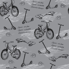 Obrazy  ilustracja bezszwowego wzoru ręcznie rysowanego roweru dziecięcego, skateb