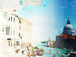 Fototapeta premium Vintage postcard of Grand canal and Basilica Santa Maria della Salute, Venice, Italy