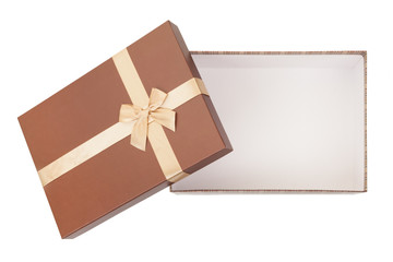 gold box with gifts, bow, ribbon isolated