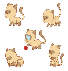 Vector cartoon set of cute little cats: standing, looking at something, with a ball of yarn, sleeping curled up and sitting crossed front paws on a white background. Color image with a brown tracings.