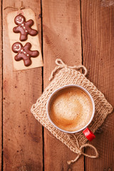 coffee in unusual vintage tin mug with red handle