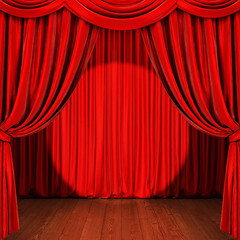 Stage with red curtain, wooden floor and spotlight. 3D rendering