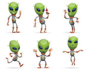 Vector set of cartoon images of funny green aliens with big eyes and small antennas on their heads in gray-orange spacesuits on a white background. Positive character. Vector illustration.