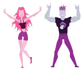 Vector set of cartoon images of a dancing girl with long pink hair in purple shorts and black tank top and dancing young man with purple hair in purple pants and black t-shirt on a white background.