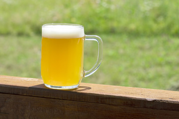 Golden beer with white foam in glass mug on wooden railing on a background of green grass