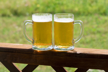 Golden beer with white foam in glass mugs on wooden railing on a background of green grass