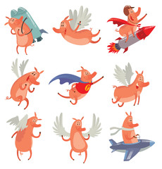 Fototapeta na wymiar Vector set of cartoon images of funny pink pigs with various emotions and actions on a white background. Positive character. Cute pig with a long nose. Hand-drawing style. Vector illustration.