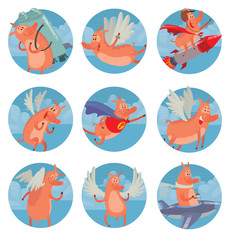 Vector set of round blue heaven frames with cartoon images of funny pink pigs with various emotions and actions on white background. Positive character. Cute pig with a long nose. Vector illustration.