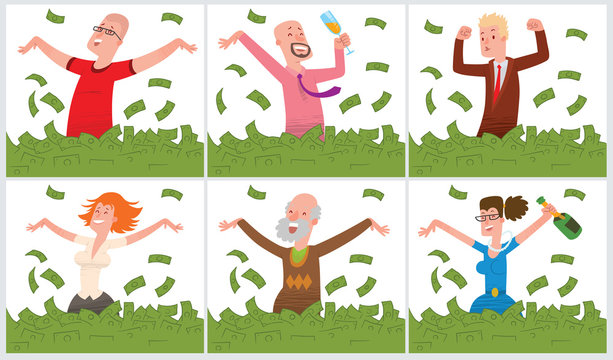 Vector set of cards with cartoon images of happy people (men and women) of different ages and appearance bathing in the sea of green banknotes on a white background. Bathing in money. Business.