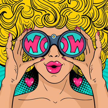 Wow pop art face. Sexy surprised woman with blonde curly hair and open mouth holding binoculars in her hands with inscription wow in reflection. Vector background in pop art retro comic style.