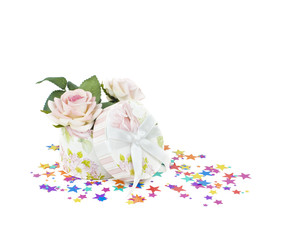 Gift box with roses and confetti