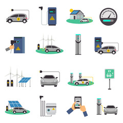 Electric Car Charging Flat Icons Set
