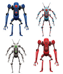 Naklejka premium Vector set of funny thin blue, light blue, white, red robots with two arms and legs, with a lens in the center of the body standing on a white background. Future, technology. Vector humanoid robot.