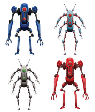 Vector set of funny thin blue, light blue, white, red robots with two arms and legs, with a lens in the center of the body standing on a white background. Future, technology. Vector humanoid robot.
