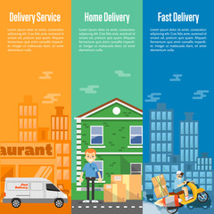 Delivery boy on scooter with cardboard boxes, postman with parcels near house, white delivery truck on cityscape. Food and home delivery service vertical banners, vector illustration