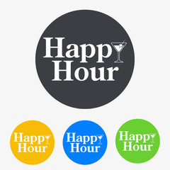 Icono plano texto Happy Hour en circulo varios colores