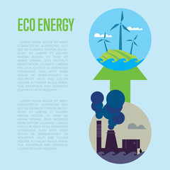 Vector illustration of evolution from industrial pollution to clean energy. Greening of the world banner. From heavy industry to save technology. Development green technology. Eco power concept