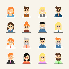 Various smiling cartoon faces, icons set. Group of cute happy diverse business people, vector illustrations isolated on white background. Avatars collection in flat design
