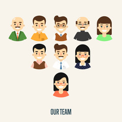 Group of smiling male and female faces avatars on white background. Our team banner, vector illustration. Teamwork and business team concept. Corporate hierarchy. Business success.