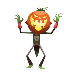 Vector cartoon image of Jack O' Lantern with orange pumpkin instead of a head, in a green-black tail coat, standing and laughing on a white background. Halloween. Vector illustration.