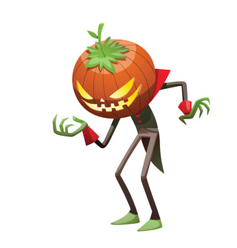 Vector cartoon image of Jack O' Lantern with orange pumpkin instead of a head, in a green-black tail coat, standing and luring someone on a white background. Halloween. Vector illustration.