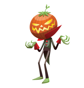 Vector cartoon image of Jack O' Lantern with orange pumpkin instead of a head, in a green-black tail coat, standing and grinning on a white background. Halloween. Vector illustration.