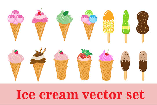 Ice-cream set, ice cream cone, in a cup, on a stick. Vector illustration