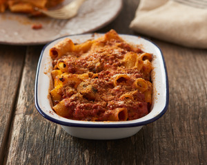 Baked Pasta with ragù and mushrooms