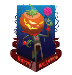 Vector dark blue card "Happy Halloween" with bare trees, a cemetery, a red banner and with cartoon image of Jack O' Lantern with pumpkin instead of a head with a lollipop in hand on a white background