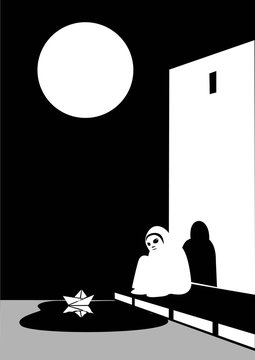 A sad boy seated on the street looking at a paper boat. Black and white vector illustration