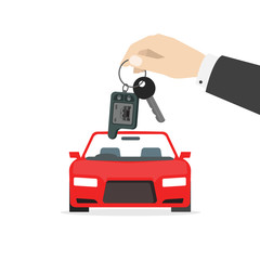 Hand holding car keys near red auto vector illustration isolated on white background, concept of automobile gift, car keys gift, rent a car service, auto dealer, success deal, prize flat cartoon style