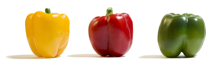 Panorama of a yellow, red and green peppers. White background.