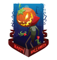 Vector dark blue card "Happy Halloween" with bare trees, a cemetery, a red banner and with cartoon image of Jack O' Lantern with pumpkin instead of a head standing looking back on a white background.