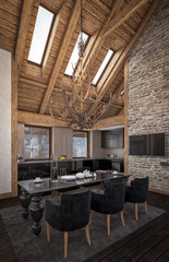 3D rendering of  living room of chalet