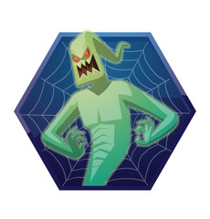 Vector dark blue hexagonal frame with spider web and with cartoon image of funny light green ghost with red eyes flying and grinning on a white background. Halloween. Spirit, fear, terror.