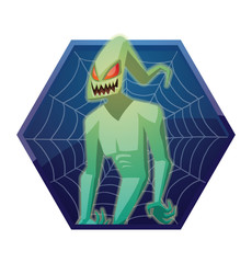 Vector dark blue hexagonal frame with spider web and with cartoon image of funny light green ghost with red eyes hovering in the air  and smiling on a white background. Halloween. Spirit, fear, terror