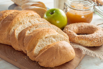 still life with dairy products, milk, eggs, bread