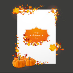 White flyer in autumn thanksgiving theme. Vector autumn design. with leaves and photorealisitc pumpkin.

