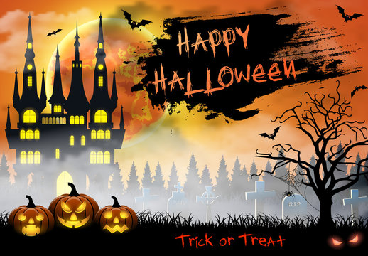 Halloween illustration with castle, tomb and bats